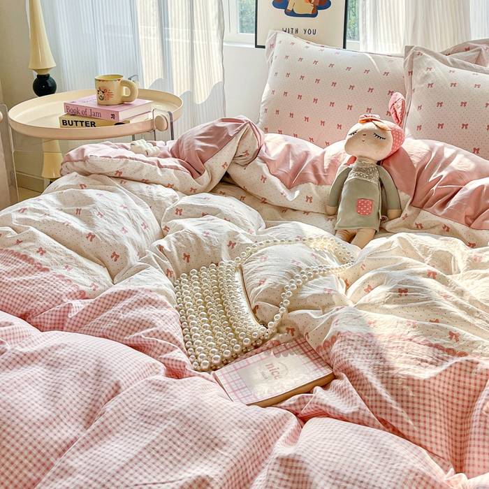 91家纺网 家纺一手货源 找家纺 尚美 2026新款简约印花床盖四件套 格间-粉