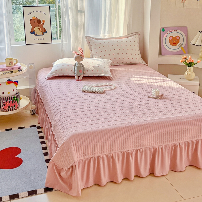 91家纺网 家纺一手货源 找家纺 尚美 2026新款简约印花床盖四件套 格间-粉