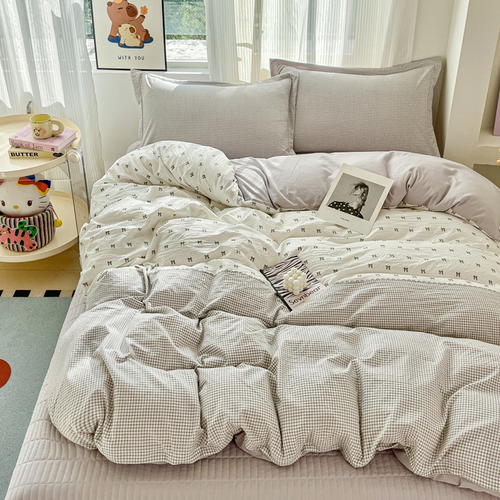 尚美 2026新款简约印花床盖四件套 格间-灰