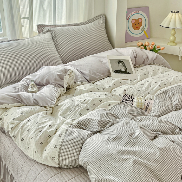 91家纺网 家纺一手货源 找家纺 尚美 2026新款简约印花床盖四件套 格间-灰