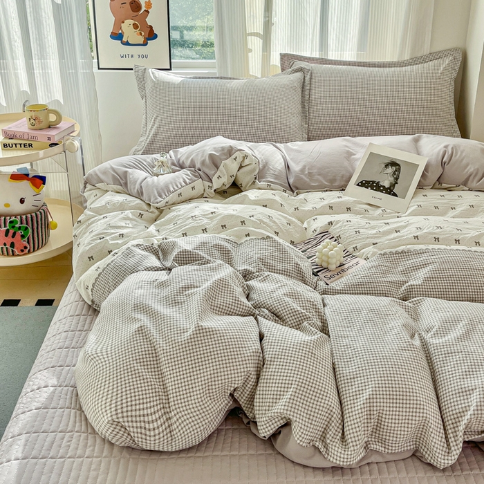 91家纺网 家纺一手货源 找家纺 尚美 2026新款简约印花床盖四件套 格间-灰