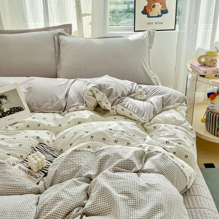 91家纺网 家纺一手货源 找家纺 尚美 2026新款简约印花床盖四件套 格间-灰