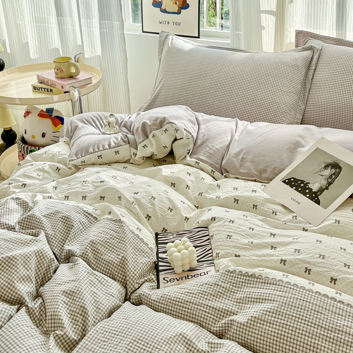 91家纺网 家纺一手货源 找家纺 尚美 2026新款简约印花床盖四件套 格间-灰