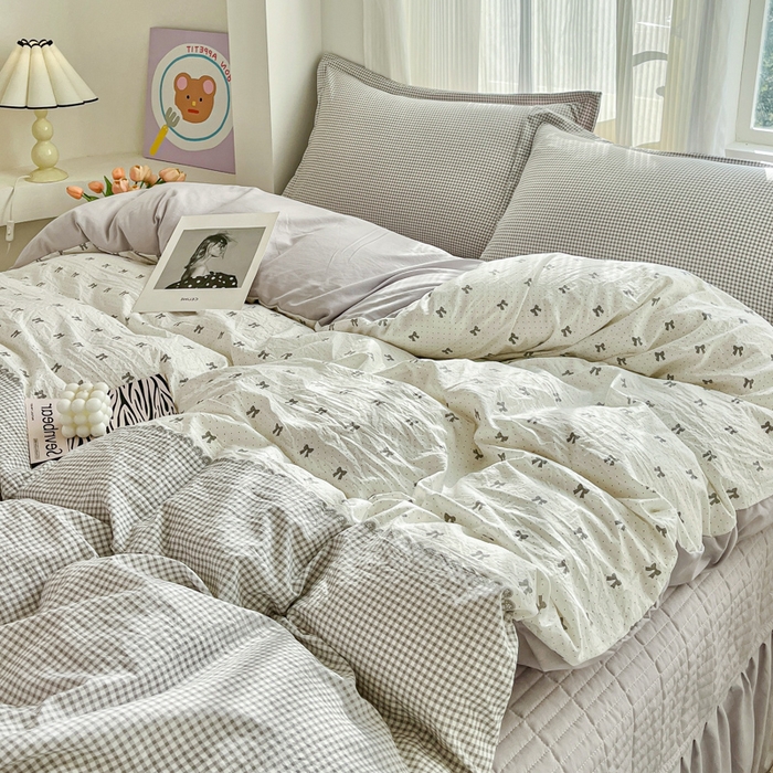 91家纺网 家纺一手货源 找家纺 尚美 2026新款简约印花床盖四件套 格间-灰