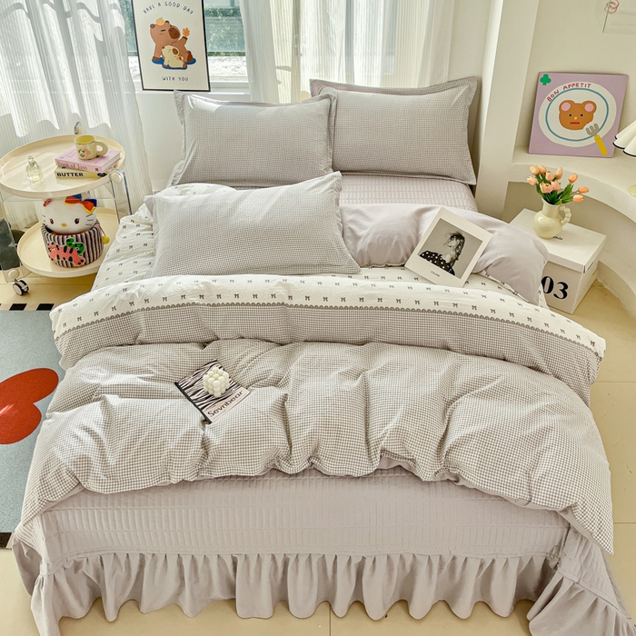 91家纺网 家纺一手货源 找家纺 尚美 2026新款简约印花床盖四件套 格间-灰