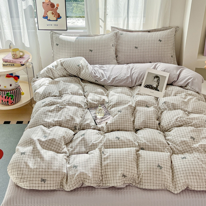 尚美 2026新款简约印花床盖四件套 格子蝴蝶结