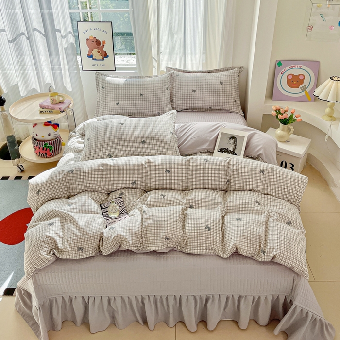 91家纺网 家纺一手货源 找家纺 尚美 2026新款简约印花床盖四件套 格子蝴蝶结