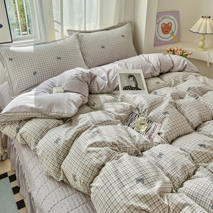 91家纺网 家纺一手货源 找家纺 尚美 2026新款简约印花床盖四件套 格子蝴蝶结