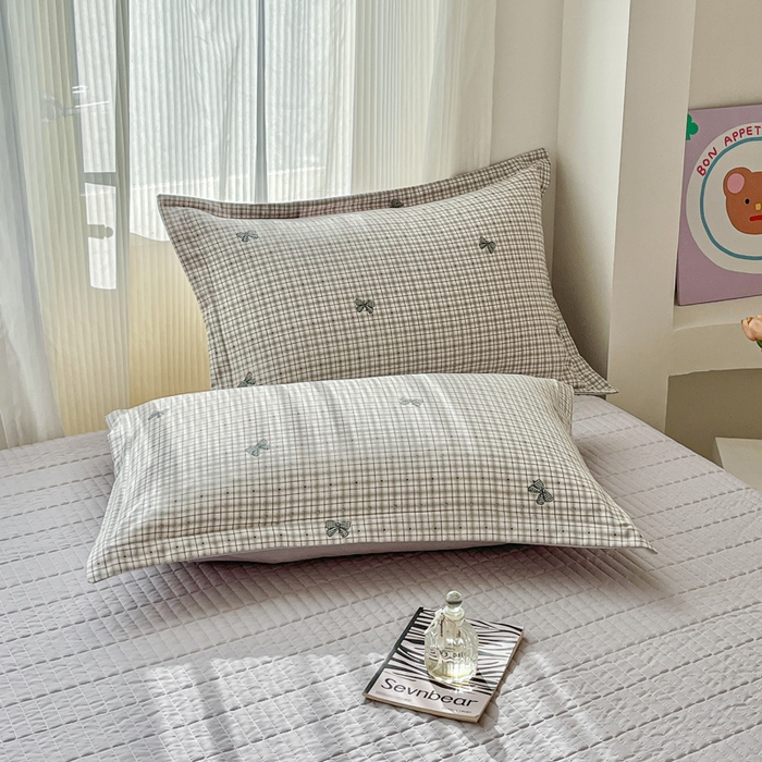 91家纺网 家纺一手货源 找家纺 尚美 2026新款简约印花床盖四件套 格子蝴蝶结