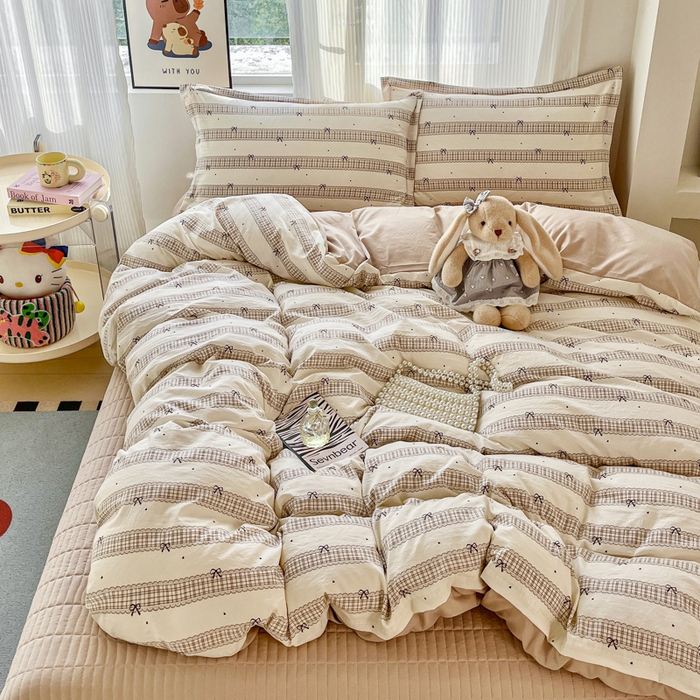 尚美 2026新款简约印花床盖四件套 奶茶格蝶