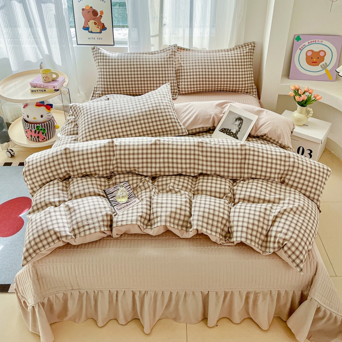 91家纺网 家纺一手货源 找家纺 尚美 2026新款简约印花床盖四件套 奶咖格