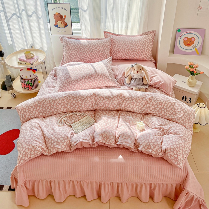 91家纺网 家纺一手货源 找家纺 尚美 2026新款简约印花床盖四件套 雾花-豆沙