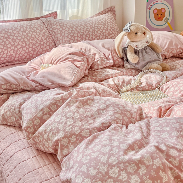 91家纺网 家纺一手货源 找家纺 尚美 2026新款简约印花床盖四件套 雾花-豆沙