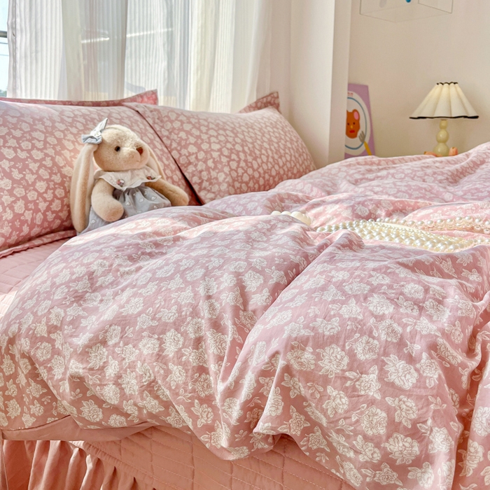 91家纺网 家纺一手货源 找家纺 尚美 2026新款简约印花床盖四件套 雾花-豆沙