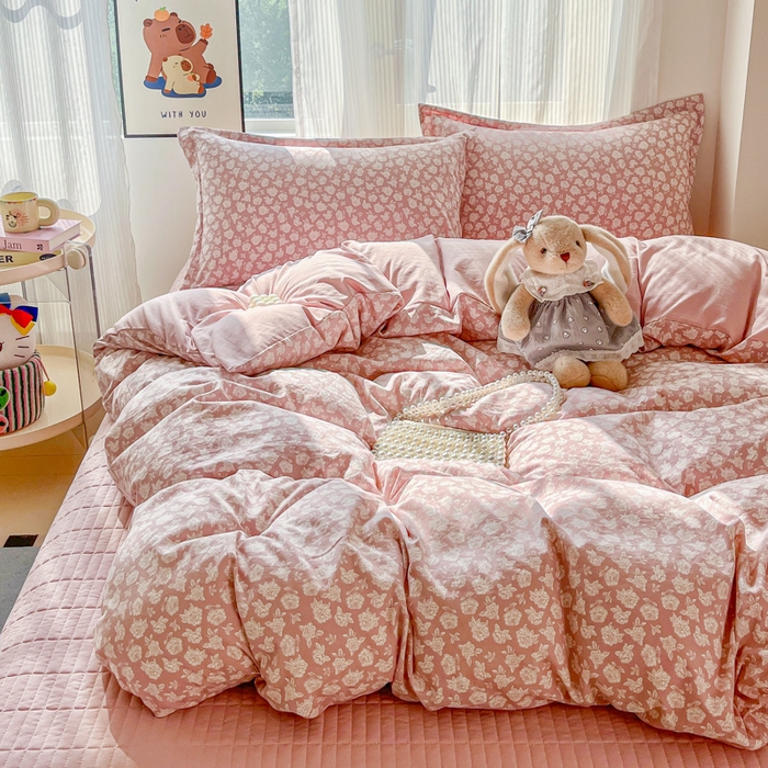 91家纺网 家纺一手货源 找家纺 尚美 2026新款简约印花床盖四件套 雾花-豆沙