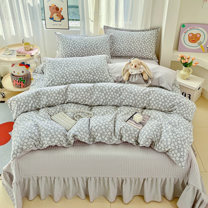 91家纺网 家纺一手货源 找家纺 尚美 2026新款简约印花床盖四件套 雾花-灰