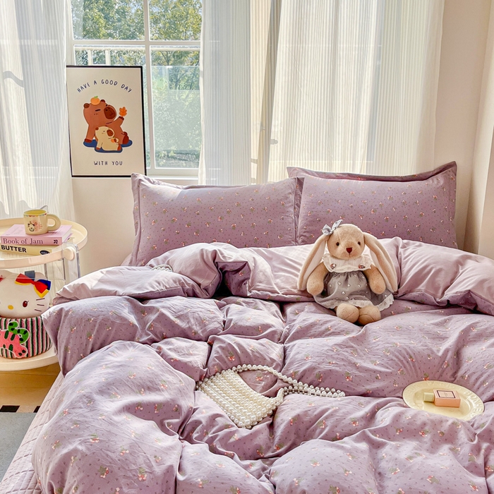尚美 2026新款简约印花床盖四件套 樱紫
