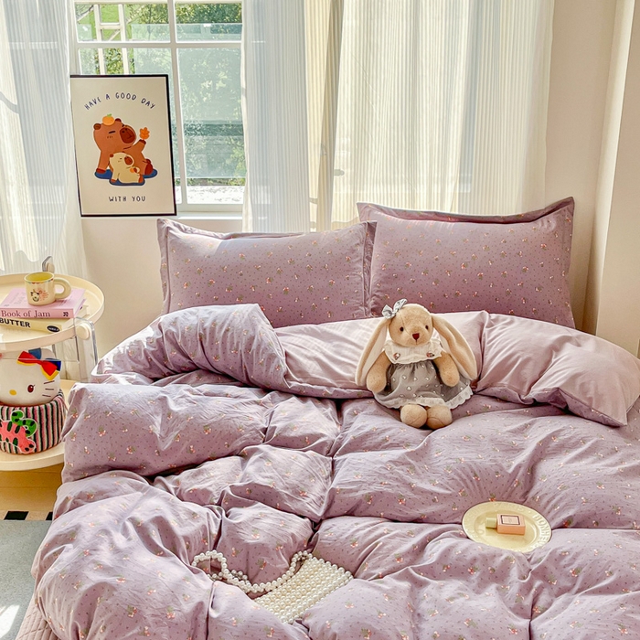 91家纺网 家纺一手货源 找家纺 尚美 2026新款简约印花床盖四件套 樱紫