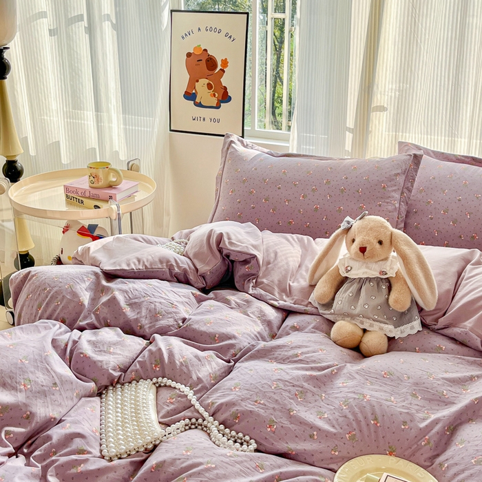 91家纺网 家纺一手货源 找家纺 尚美 2026新款简约印花床盖四件套 樱紫