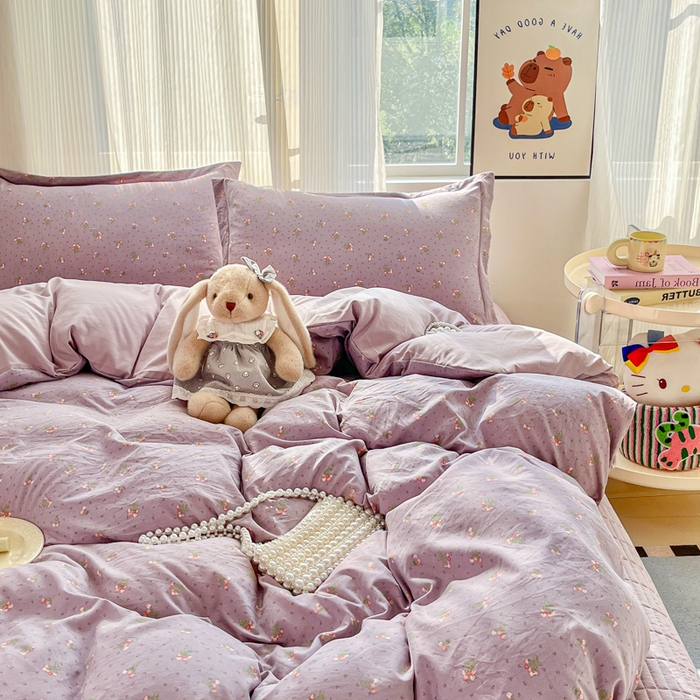 91家纺网 家纺一手货源 找家纺 尚美 2026新款简约印花床盖四件套 樱紫