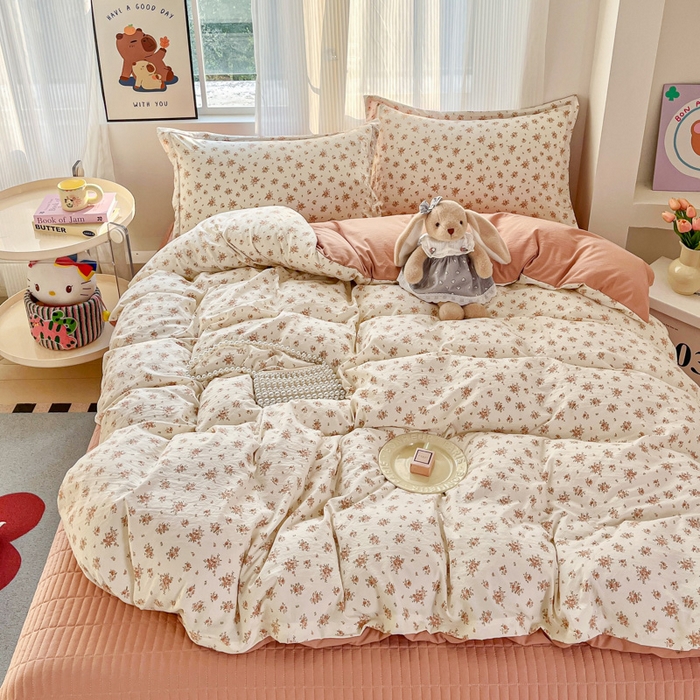 尚美 2026新款简约印花床盖四件套 织梦-豆沙