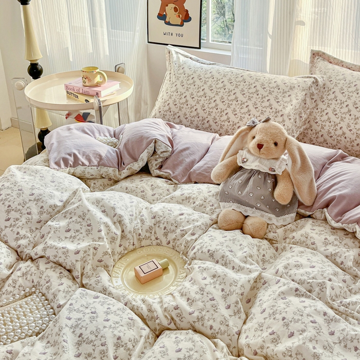 91家纺网 家纺一手货源 找家纺 尚美 2026新款简约印花床盖四件套 紫絮