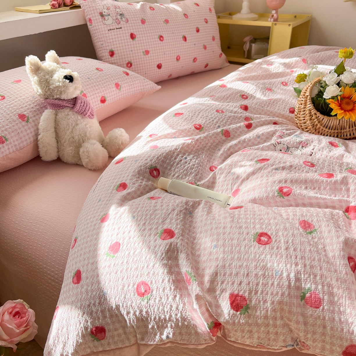 91家纺网 家纺一手货源 找家纺 彩韵家纺 2026新款软糯泡芙纱印花四件套 草莓兔兔