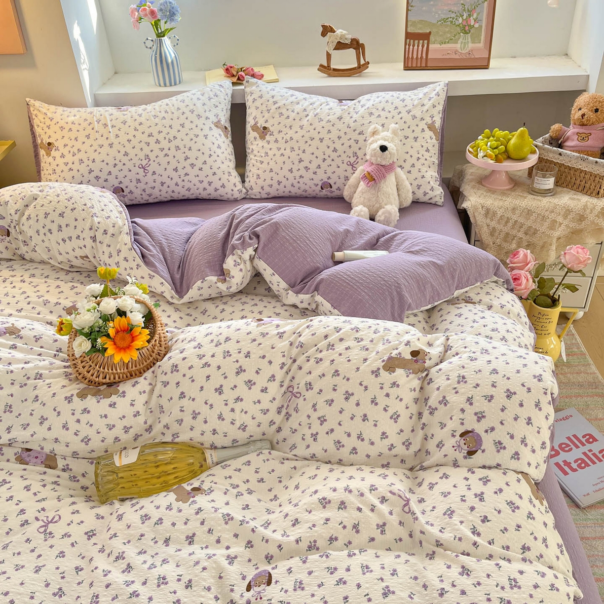 91家纺网 家纺一手货源 找家纺 彩韵家纺 2026新款软糯泡芙纱印花四件套 花间狗狗