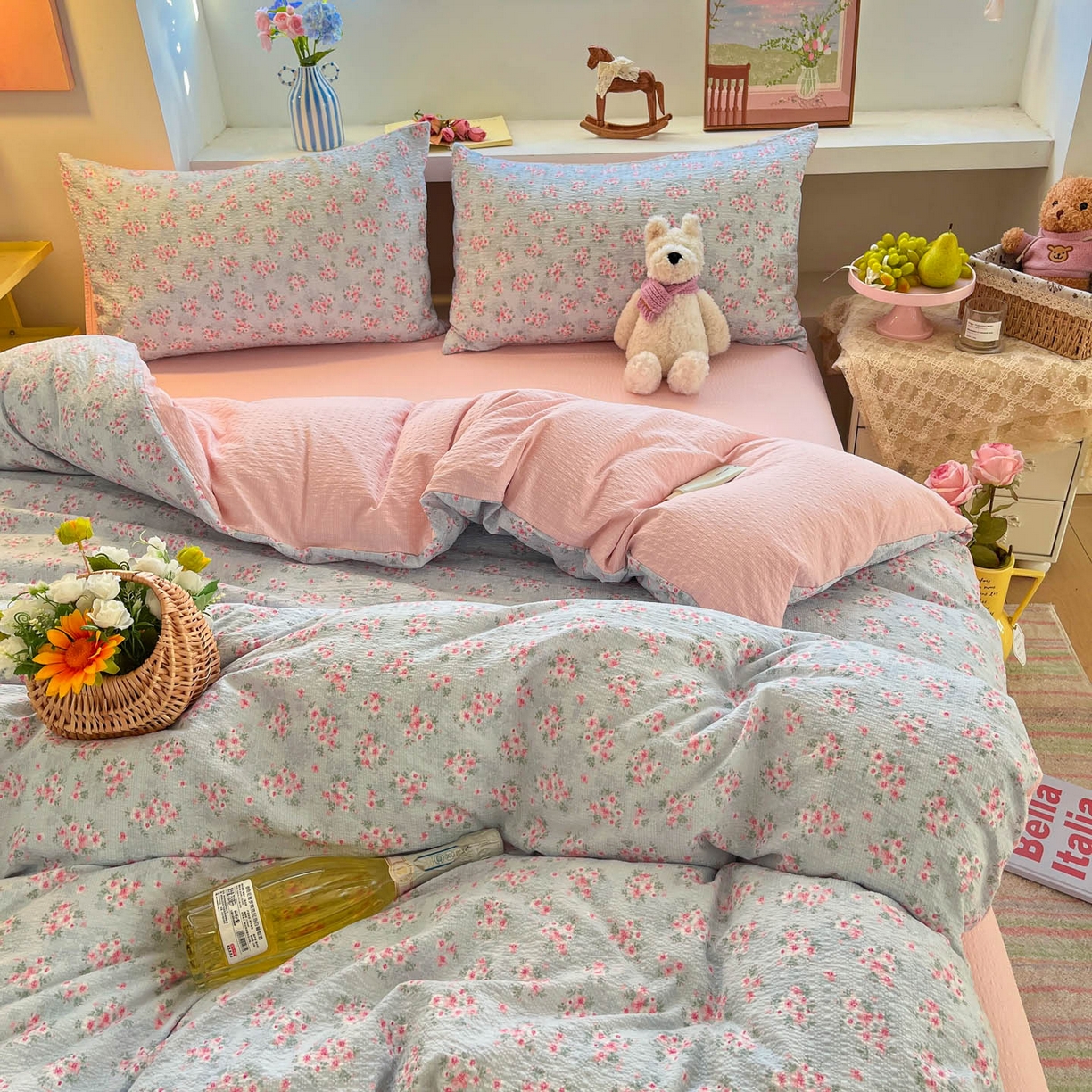 91家纺网 家纺一手货源 找家纺 彩韵家纺 2026新款软糯泡芙纱印花四件套 花园密语