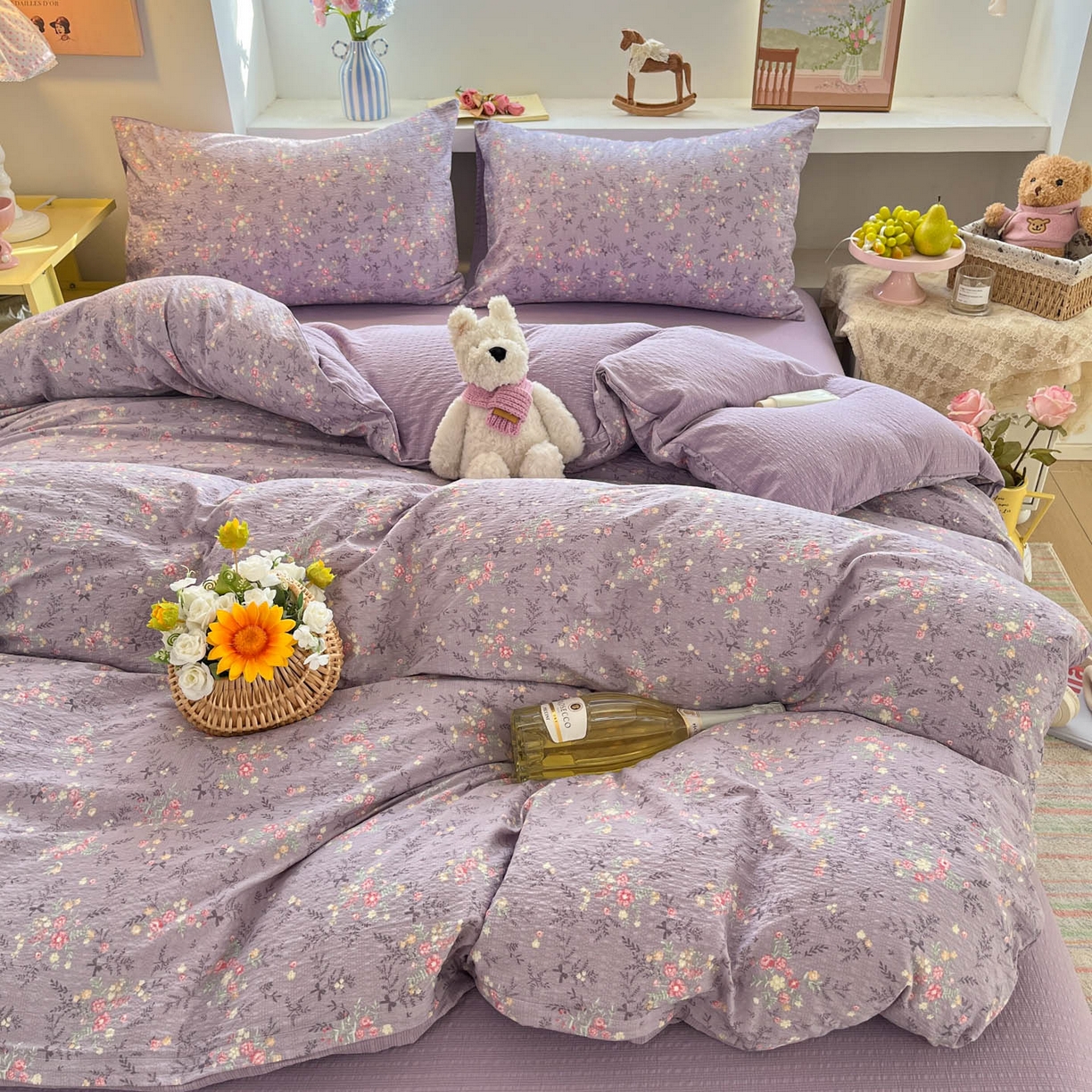 91家纺网 家纺一手货源 找家纺 彩韵家纺 2026新款软糯泡芙纱印花四件套 花枝招展