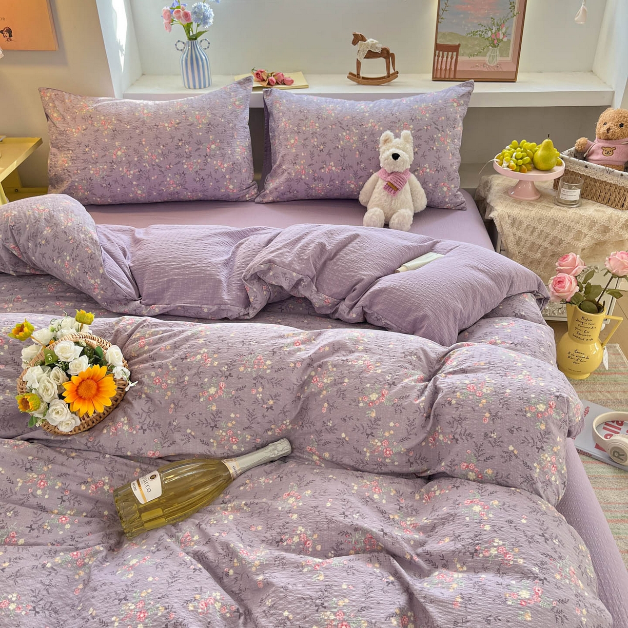 91家纺网 家纺一手货源 找家纺 彩韵家纺 2026新款软糯泡芙纱印花四件套 花枝招展