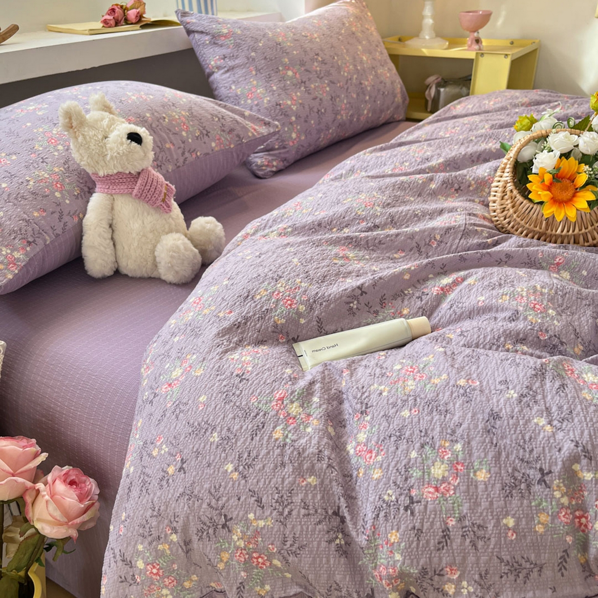 91家纺网 家纺一手货源 找家纺 彩韵家纺 2026新款软糯泡芙纱印花四件套 花枝招展