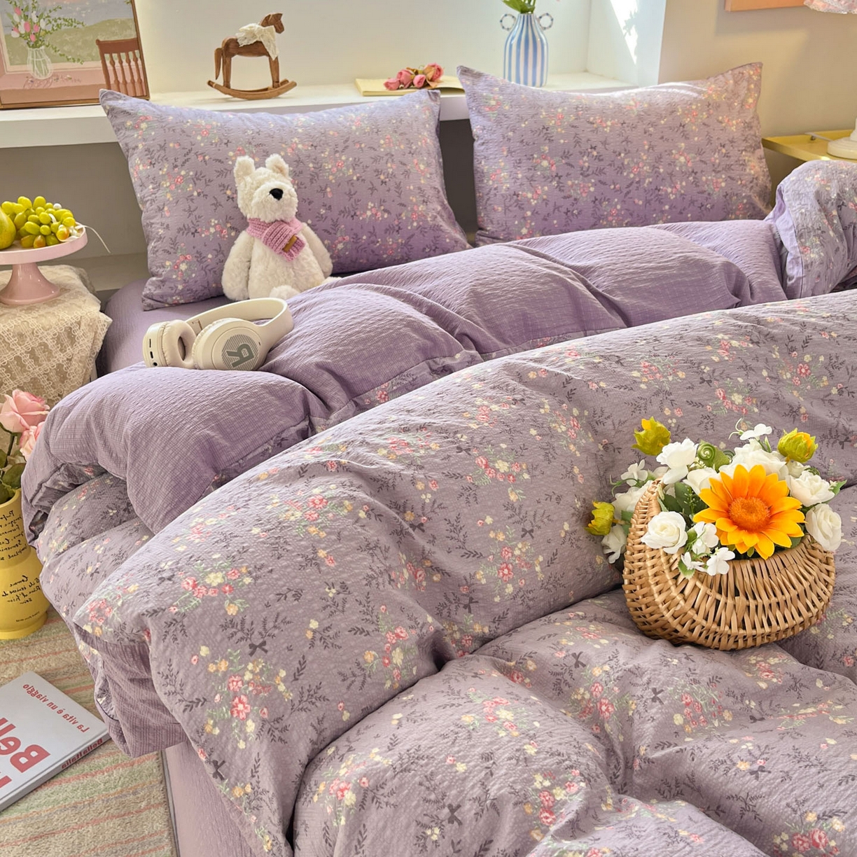 91家纺网 家纺一手货源 找家纺 彩韵家纺 2026新款软糯泡芙纱印花四件套 花枝招展