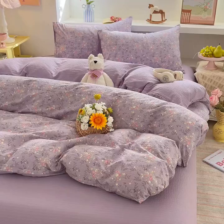 91家纺网 家纺一手货源 找家纺 彩韵家纺 2026新款软糯泡芙纱印花四件套 花枝招展