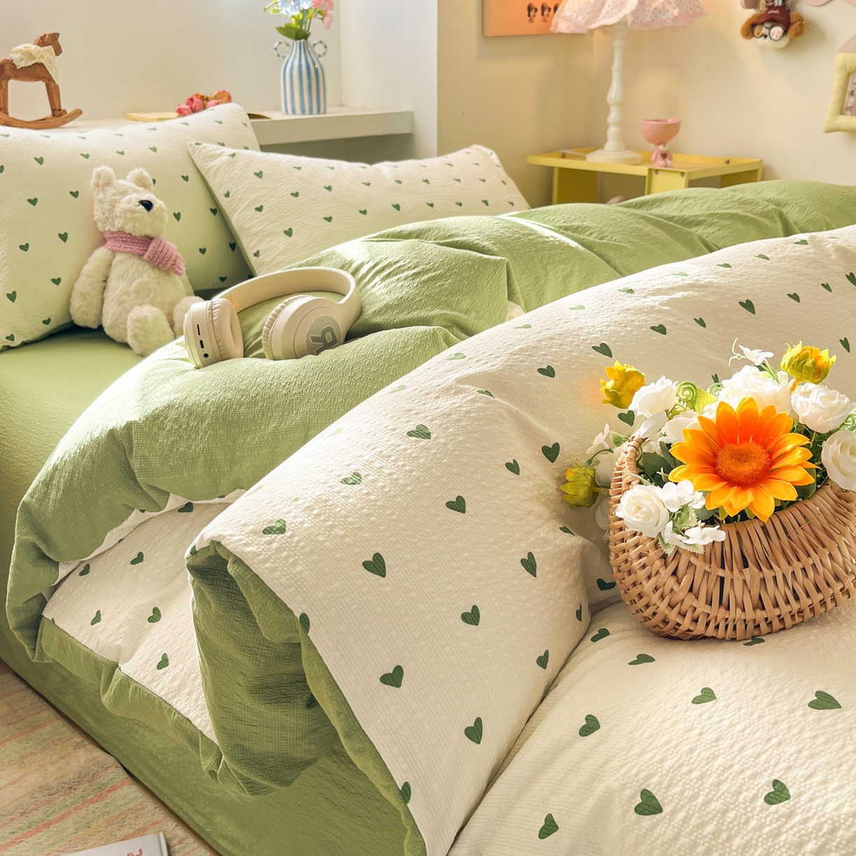 彩韵家纺 2026新款软糯泡芙纱印花四件套 绿色爱心