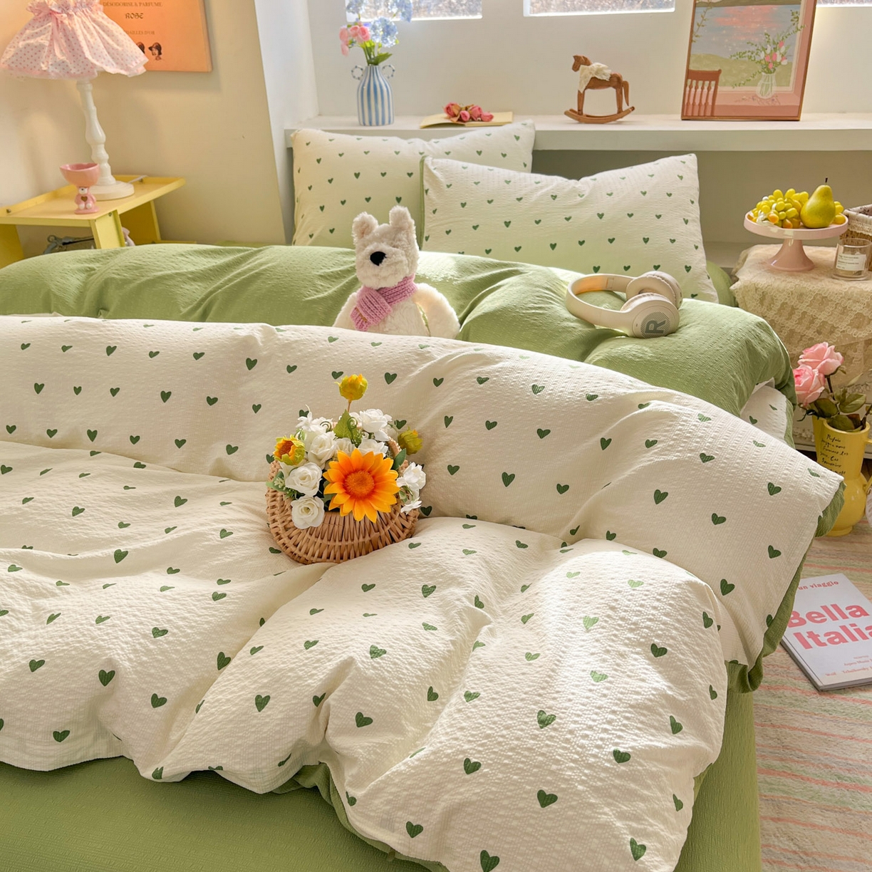 91家纺网 家纺一手货源 找家纺 彩韵家纺 2026新款软糯泡芙纱印花四件套 绿色爱心