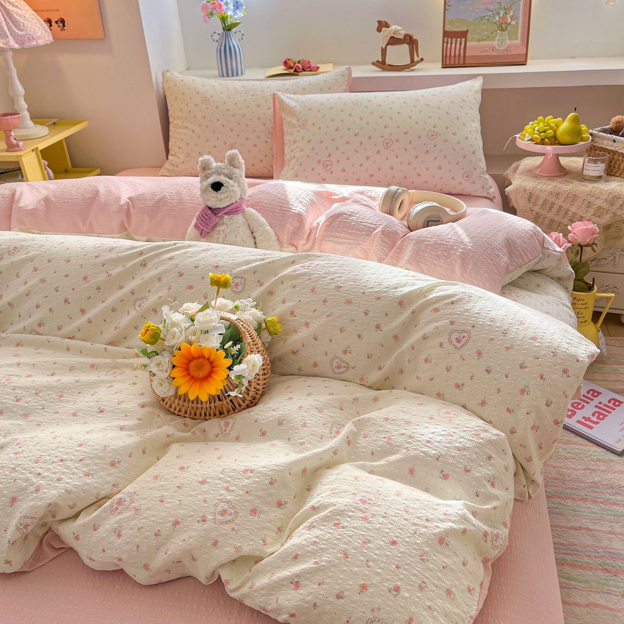 91家纺网 家纺一手货源 找家纺 彩韵家纺 2026新款软糯泡芙纱印花四件套 玫瑰物语