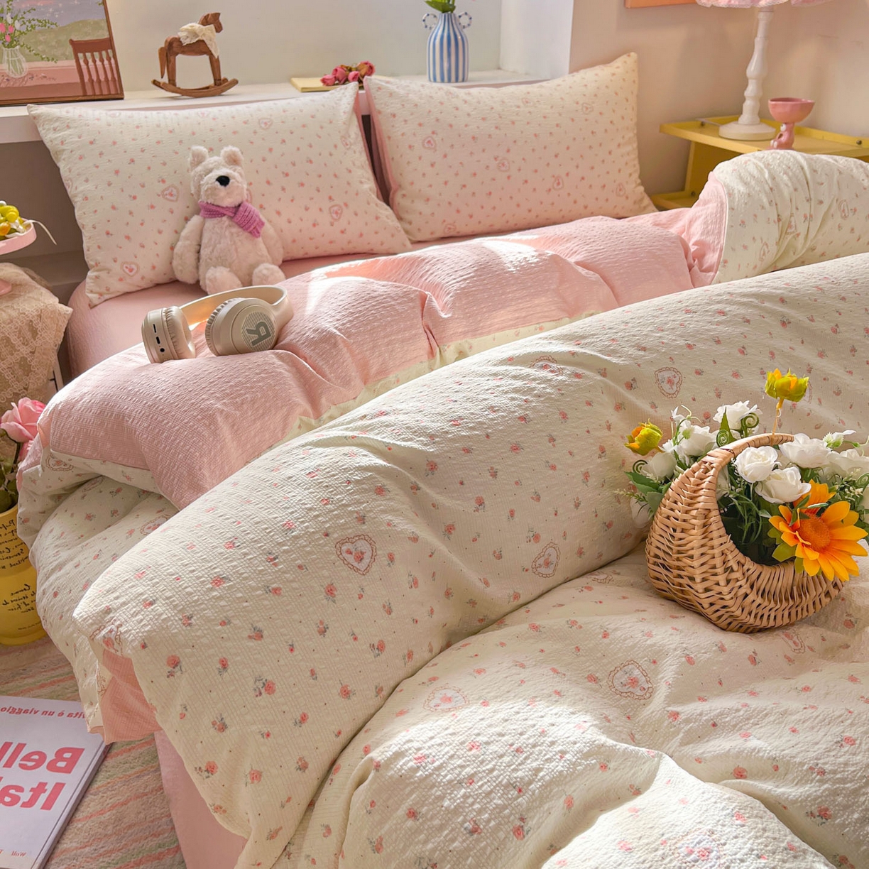 91家纺网 家纺一手货源 找家纺 彩韵家纺 2026新款软糯泡芙纱印花四件套 玫瑰物语