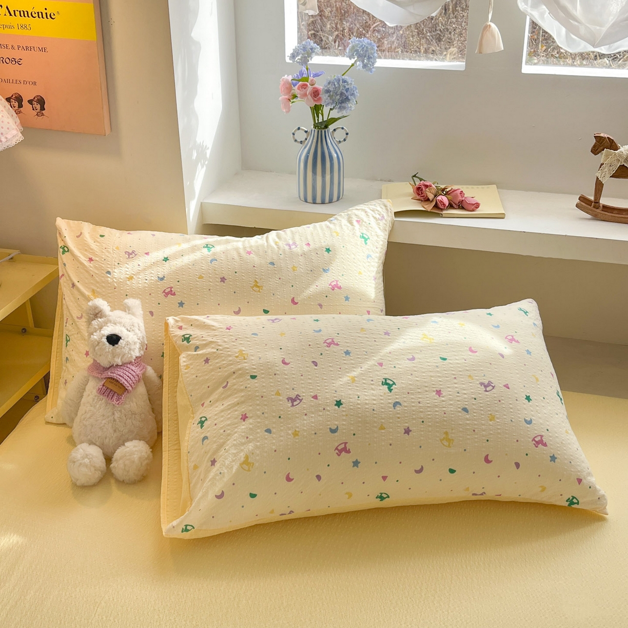 91家纺网 家纺一手货源 找家纺 彩韵家纺 2026新款软糯泡芙纱印花四件套 梦幻世界