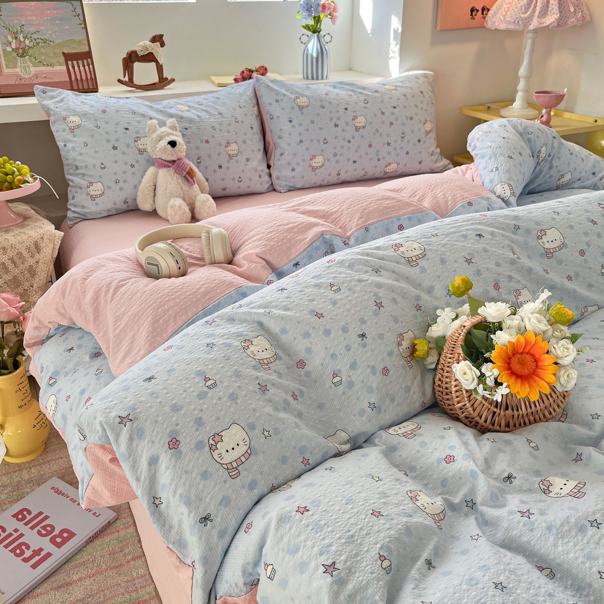 91家纺网 家纺一手货源 找家纺 彩韵家纺 2026新款软糯泡芙纱印花四件套 星星猫咪