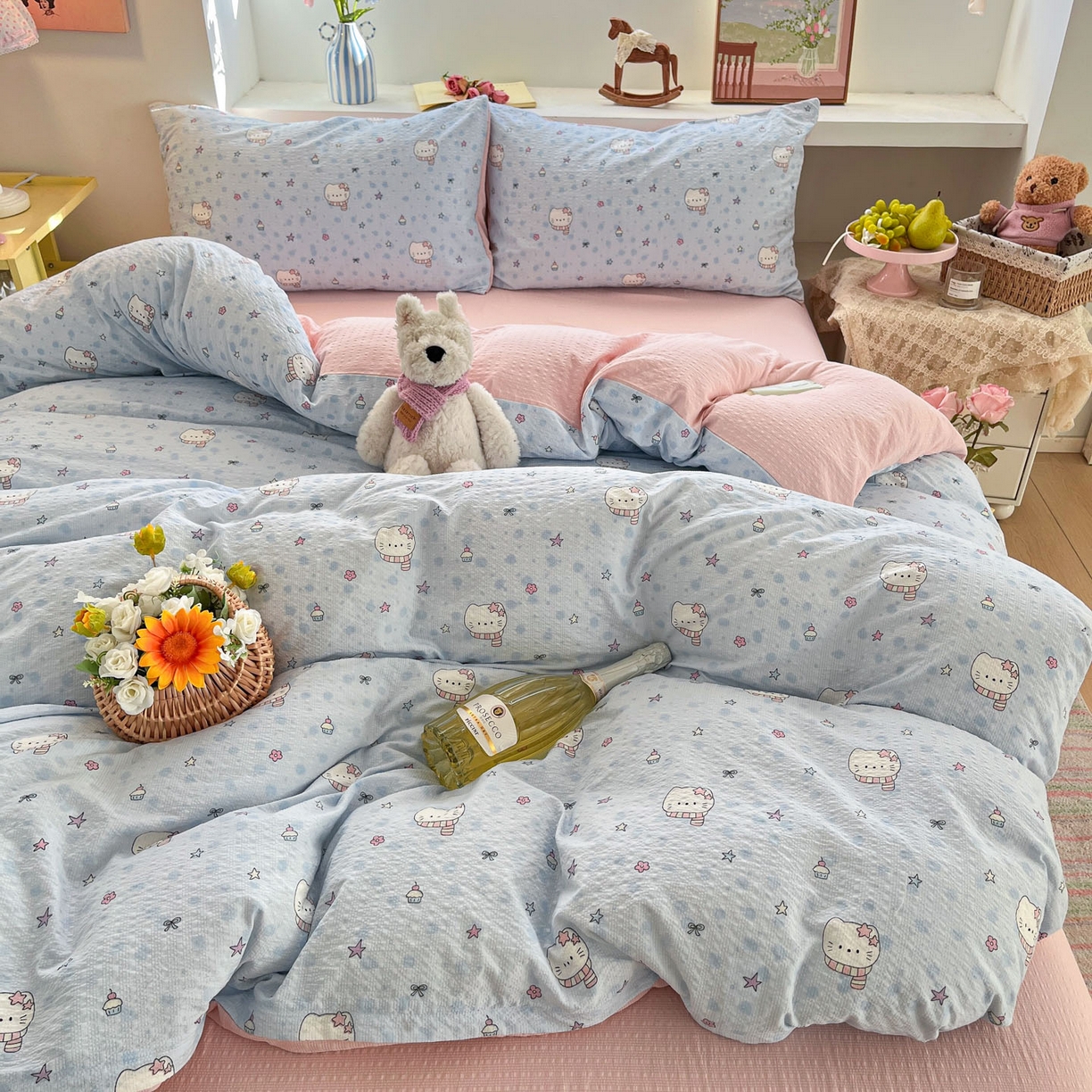 91家纺网 家纺一手货源 找家纺 彩韵家纺 2026新款软糯泡芙纱印花四件套 星星猫咪