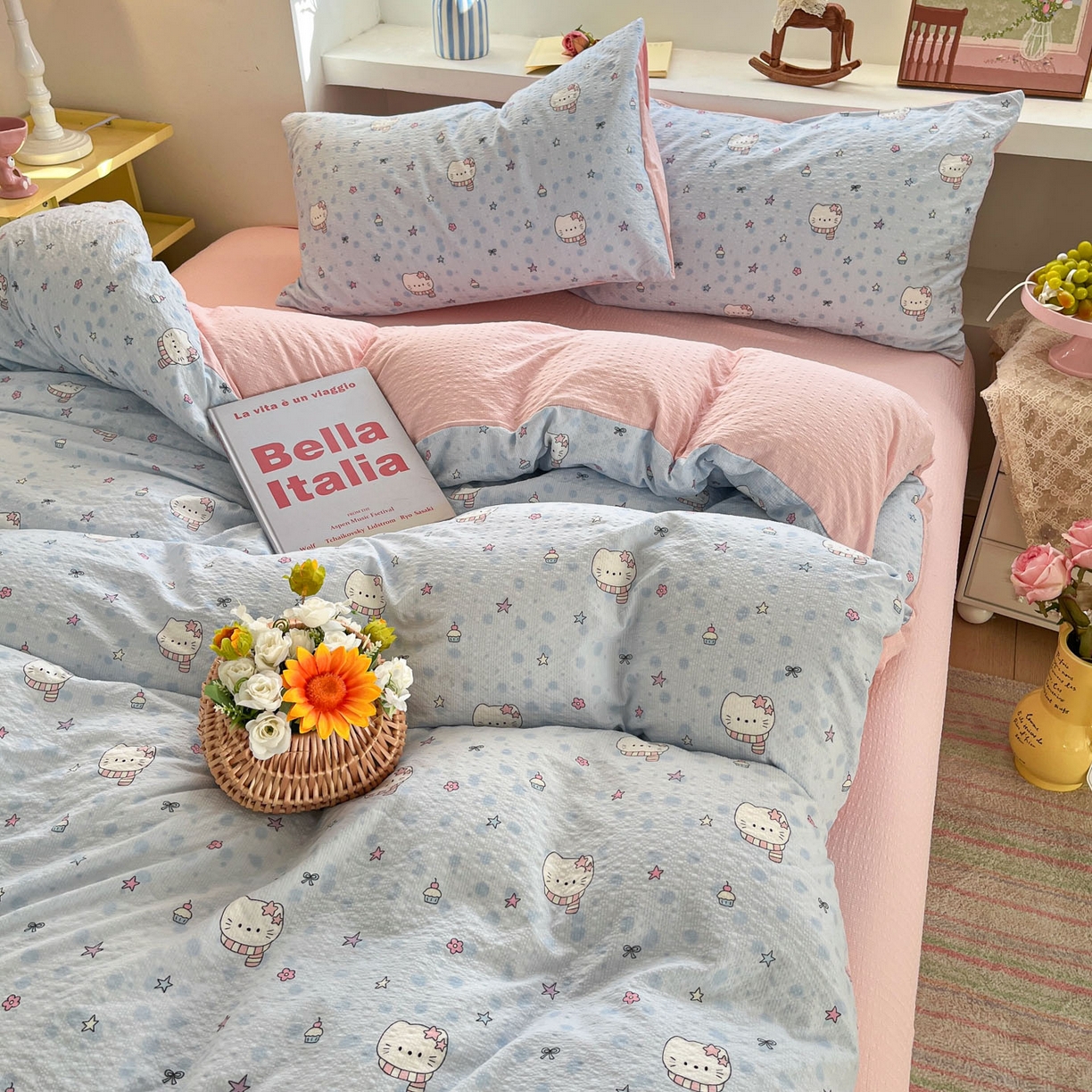 91家纺网 家纺一手货源 找家纺 彩韵家纺 2026新款软糯泡芙纱印花四件套 星星猫咪