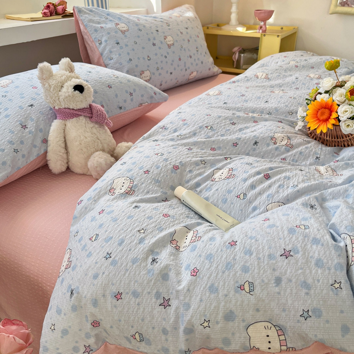 91家纺网 家纺一手货源 找家纺 彩韵家纺 2026新款软糯泡芙纱印花四件套 星星猫咪