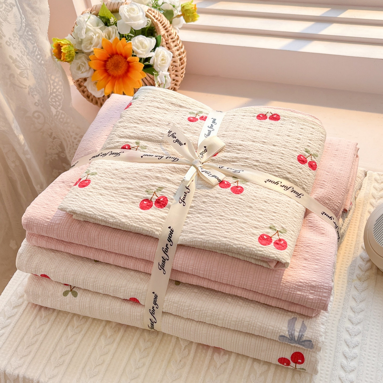 91家纺网 家纺一手货源 找家纺 彩韵家纺 2026新款软糯泡芙纱印花四件套 樱桃盛宴