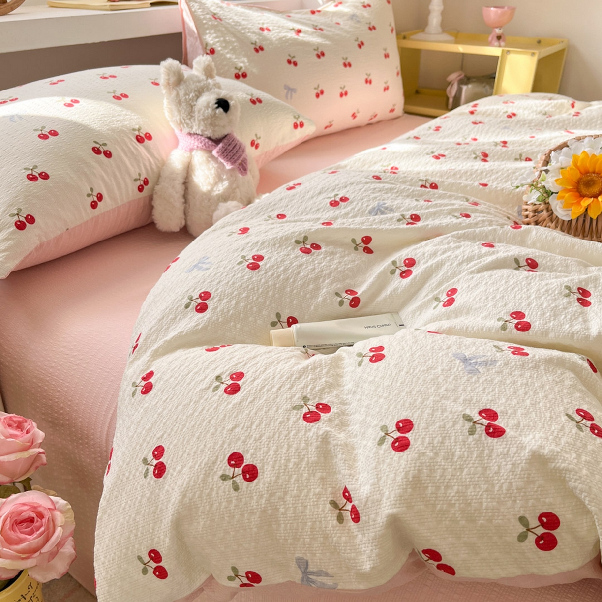 91家纺网 家纺一手货源 找家纺 彩韵家纺 2026新款软糯泡芙纱印花四件套 樱桃盛宴