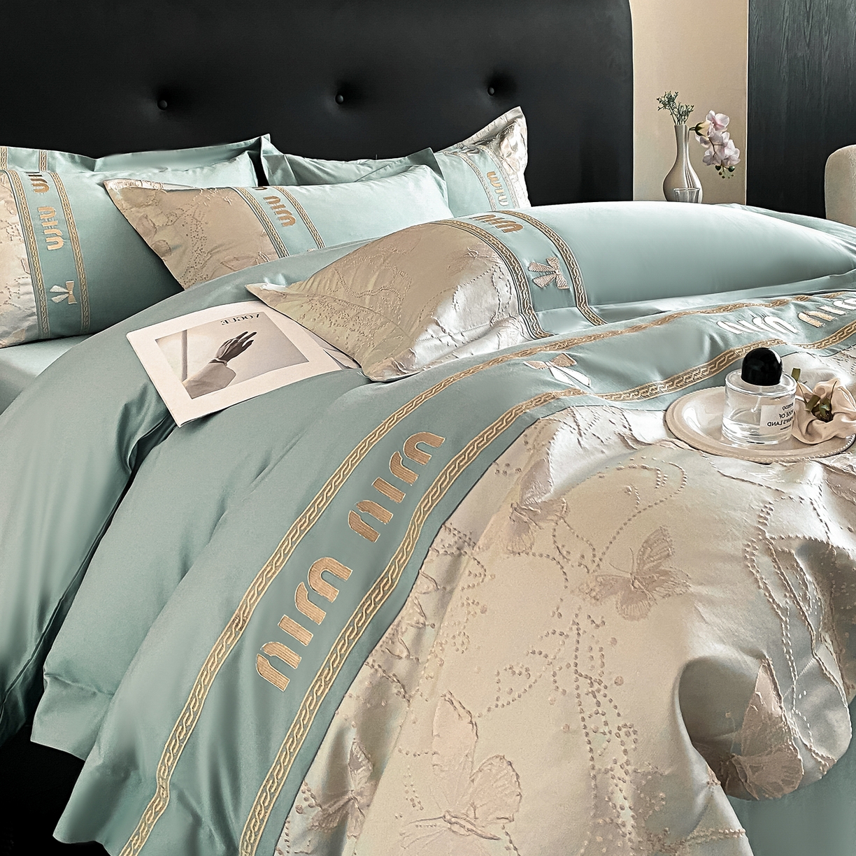 91家纺网 家纺一手货源 找家纺 置顶家纺 2026新款春夏乐芙亲肤提花刺绣系列四件套 乐芙-繁星蓝