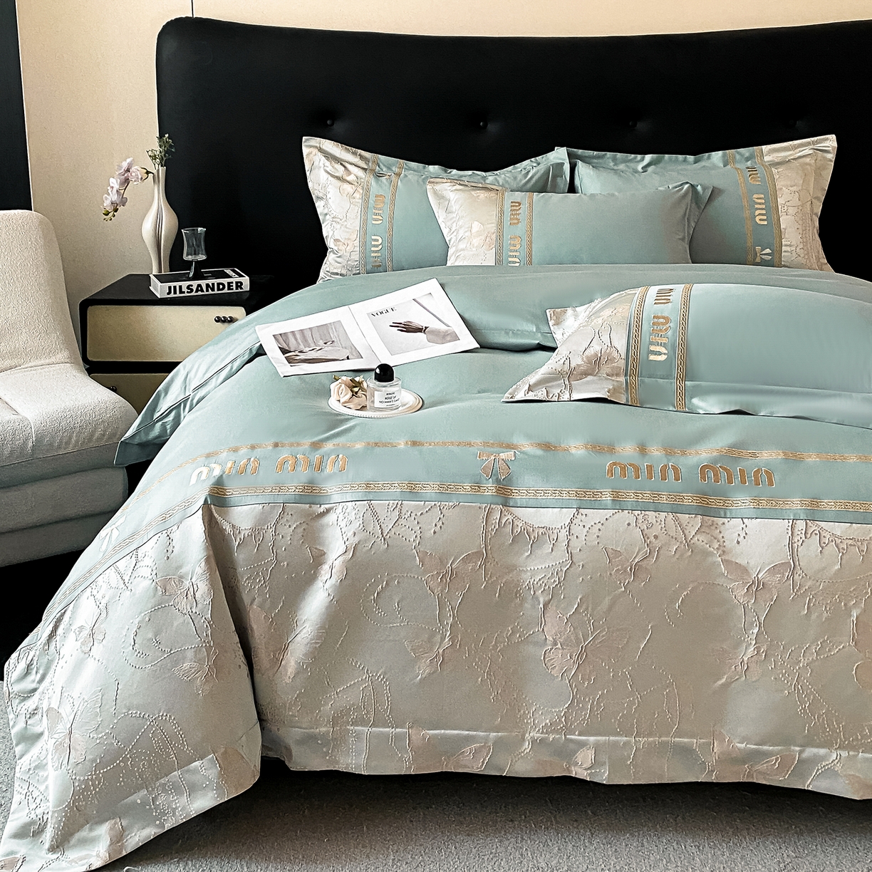 91家纺网 家纺一手货源 找家纺 置顶家纺 2026新款春夏乐芙亲肤提花刺绣系列四件套 乐芙-繁星蓝