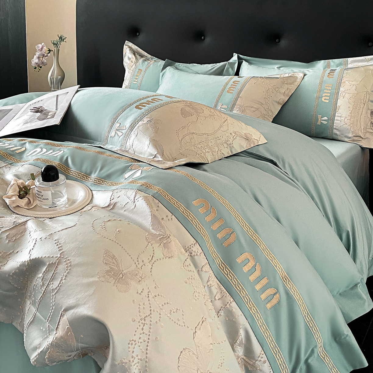 91家纺网 家纺一手货源 找家纺 置顶家纺 2026新款春夏乐芙亲肤提花刺绣系列四件套 乐芙-繁星蓝