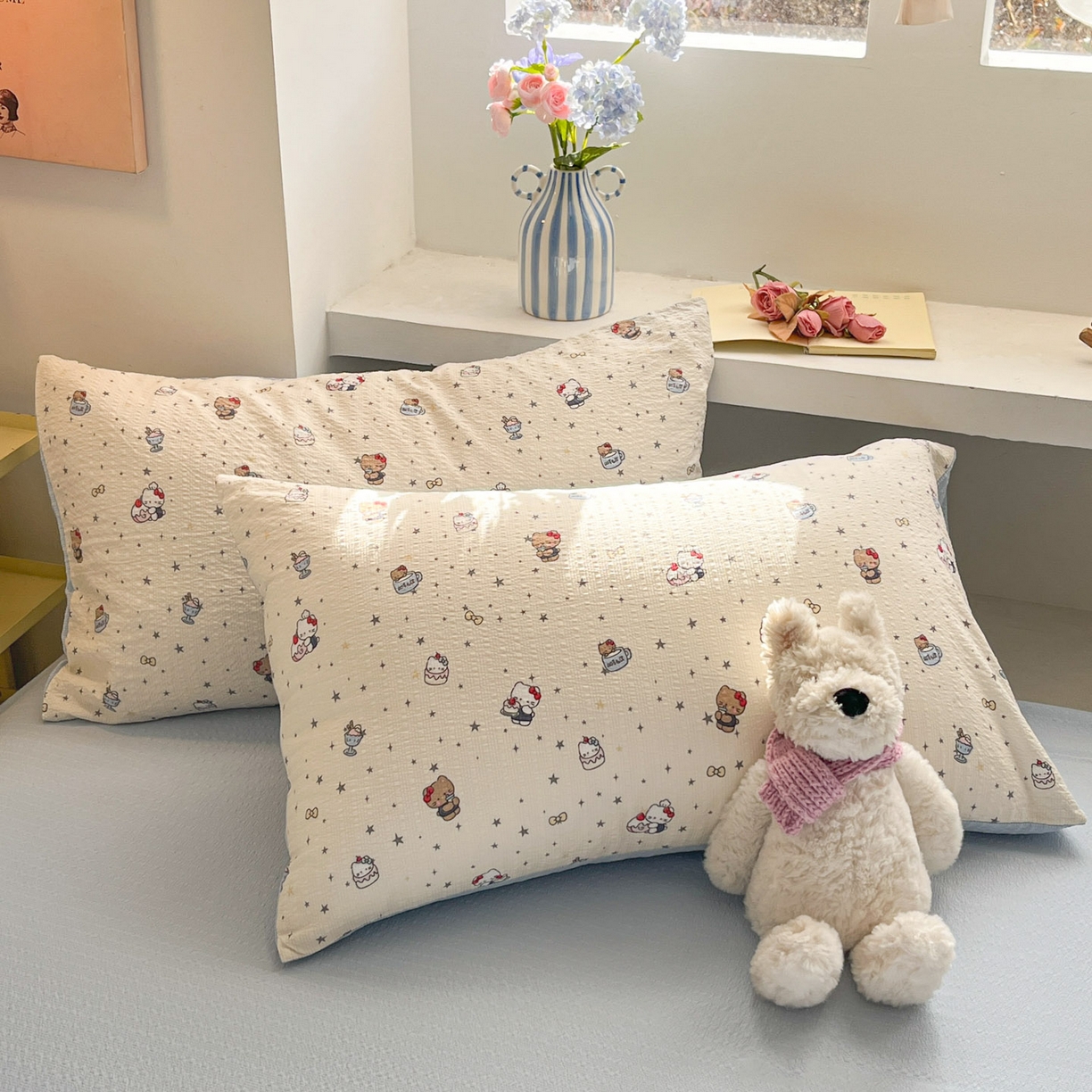 91家纺网 家纺一手货源 找家纺 彩韵家纺 2026新款软糯泡芙纱印花四件套 KT猫聚会