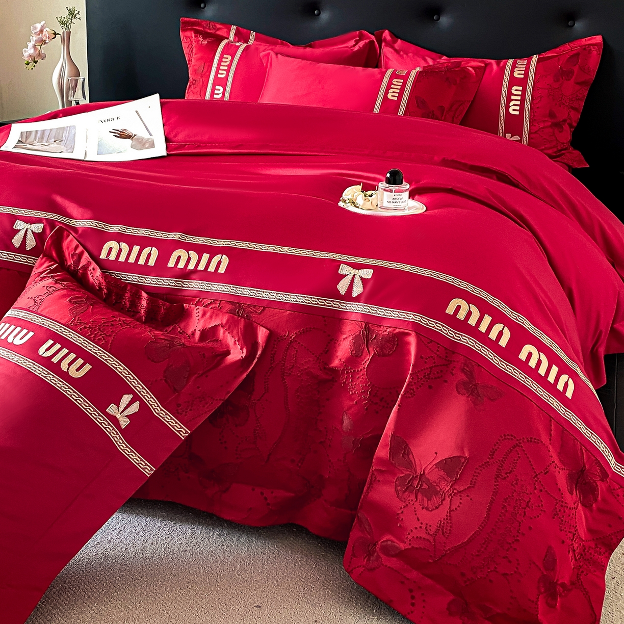 91家纺网 家纺一手货源 找家纺 置顶家纺 2026新款春夏乐芙亲肤提花刺绣系列四件套 乐芙-大红